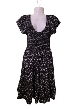 Black Floral Smocked Midi Dress